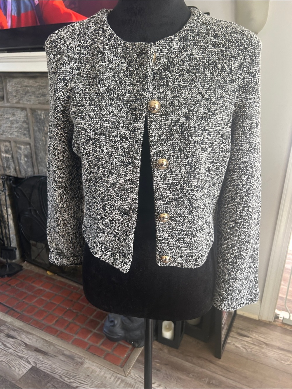 H&M Black and White Tweed Cropped Blazer with Gold Buttons